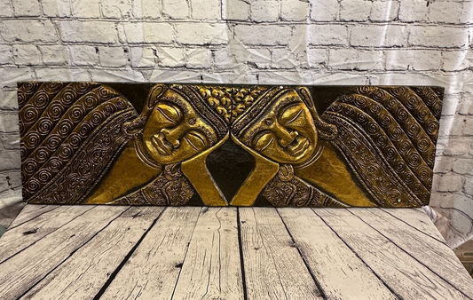 100cm x 30cm Buddha 2 Faces Gold Wooden Wood Panel Wall Art Plaque Handcarved0