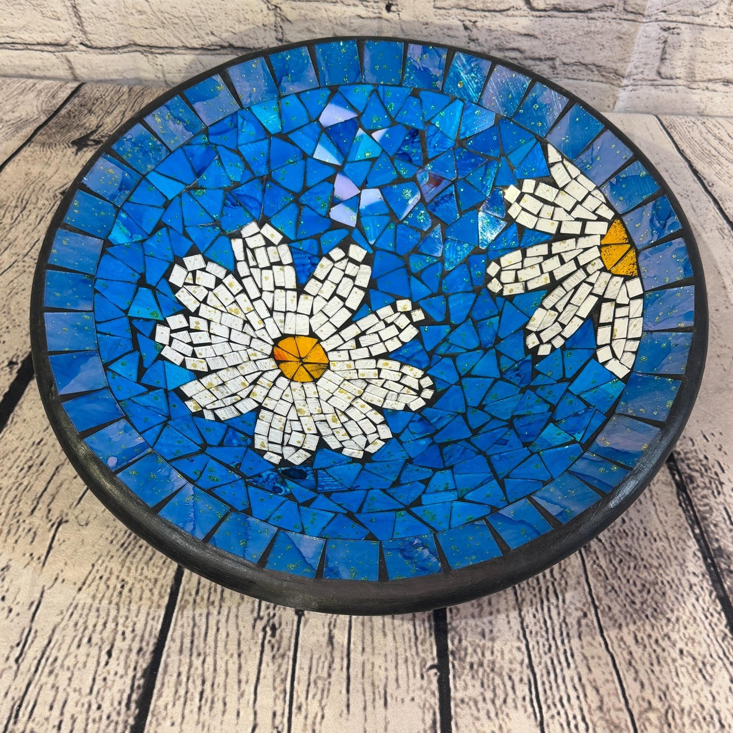 35cm Blue Daisy Flower Round Mosaic Handmade Ceramic Glass Tile Bowl Fruit0