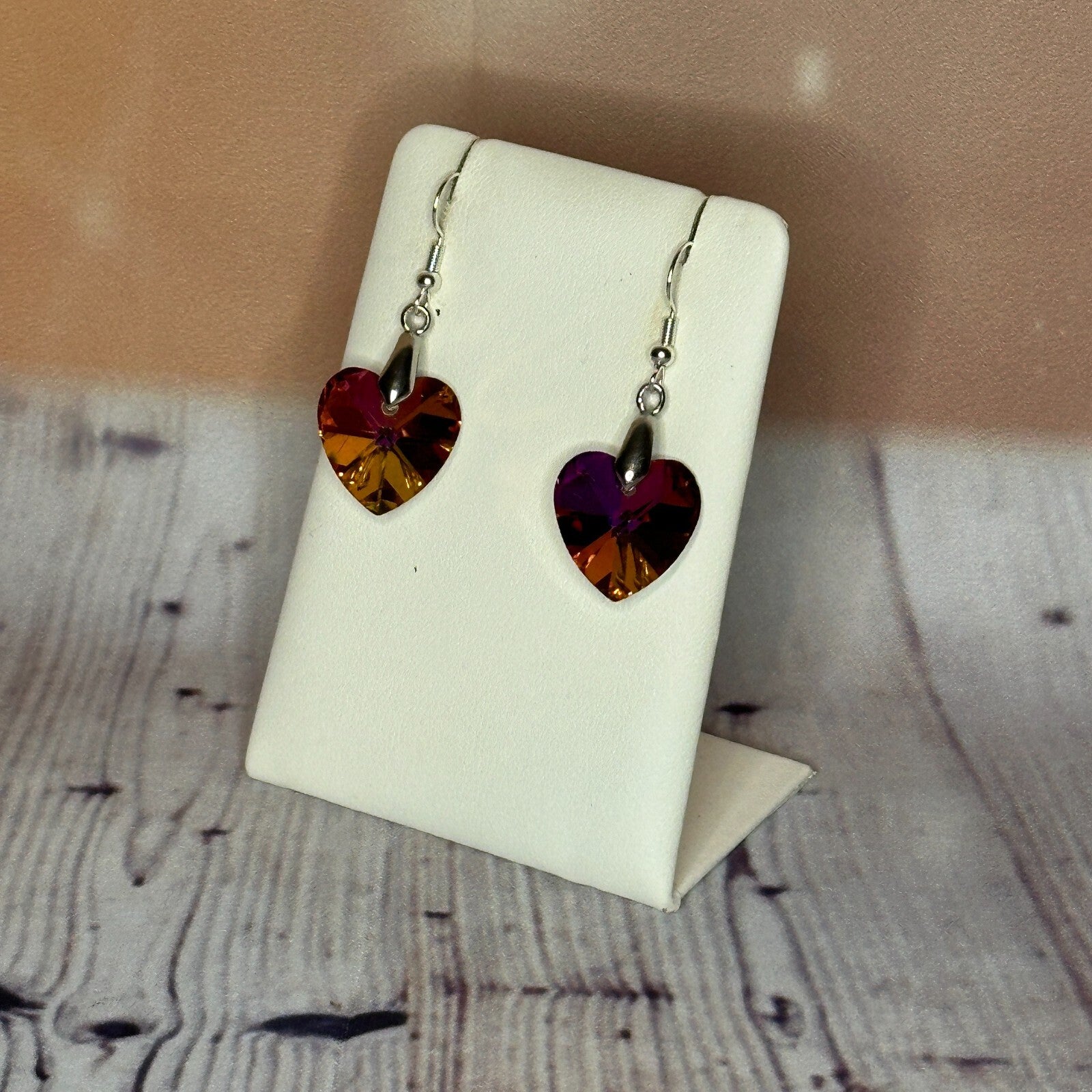 Pink Brown Crystal Heart Shaped Dangle Drop Earrings Handmade UK Jewellery1