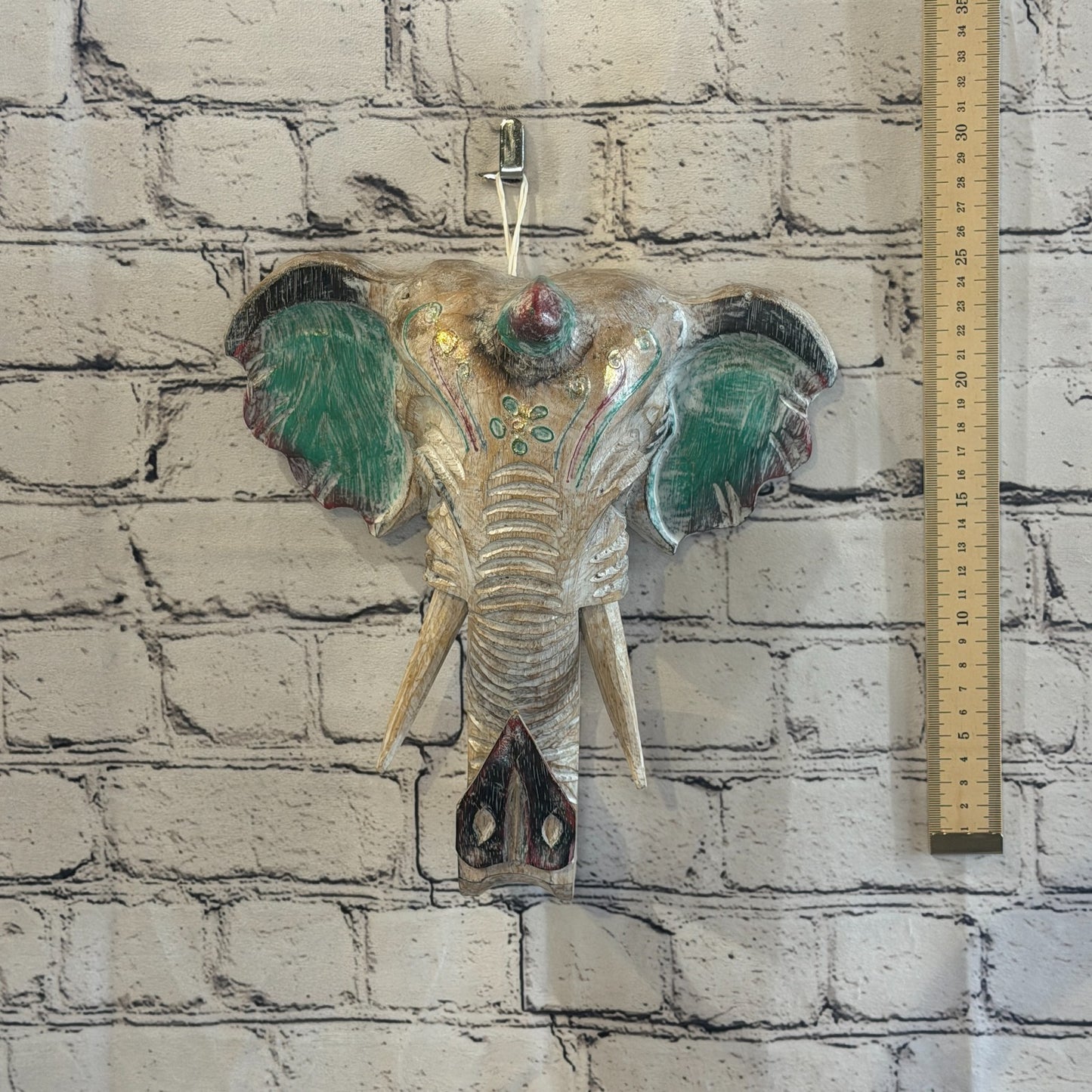 25cm x 25cm Silver Green Painted Wood Elephant Head Wall Mounted Art Shabby4