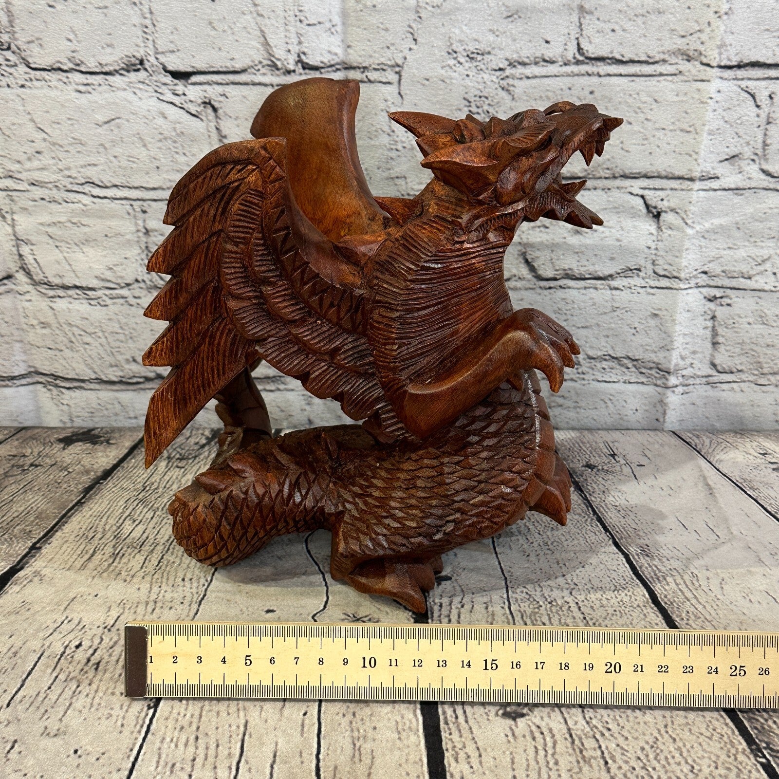 20cm x 20cm Dark Wooden Standing Dragon Carving Hand Carved Wing Back Dragon8