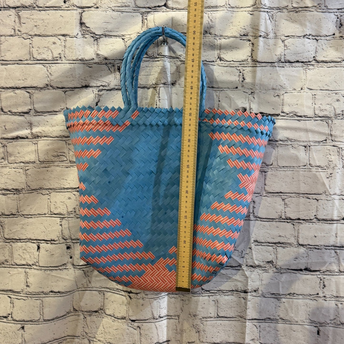 Red Blue 40cm Handwoven Tote Bag Recycled Plastic Eco-Friendly Market Beach4