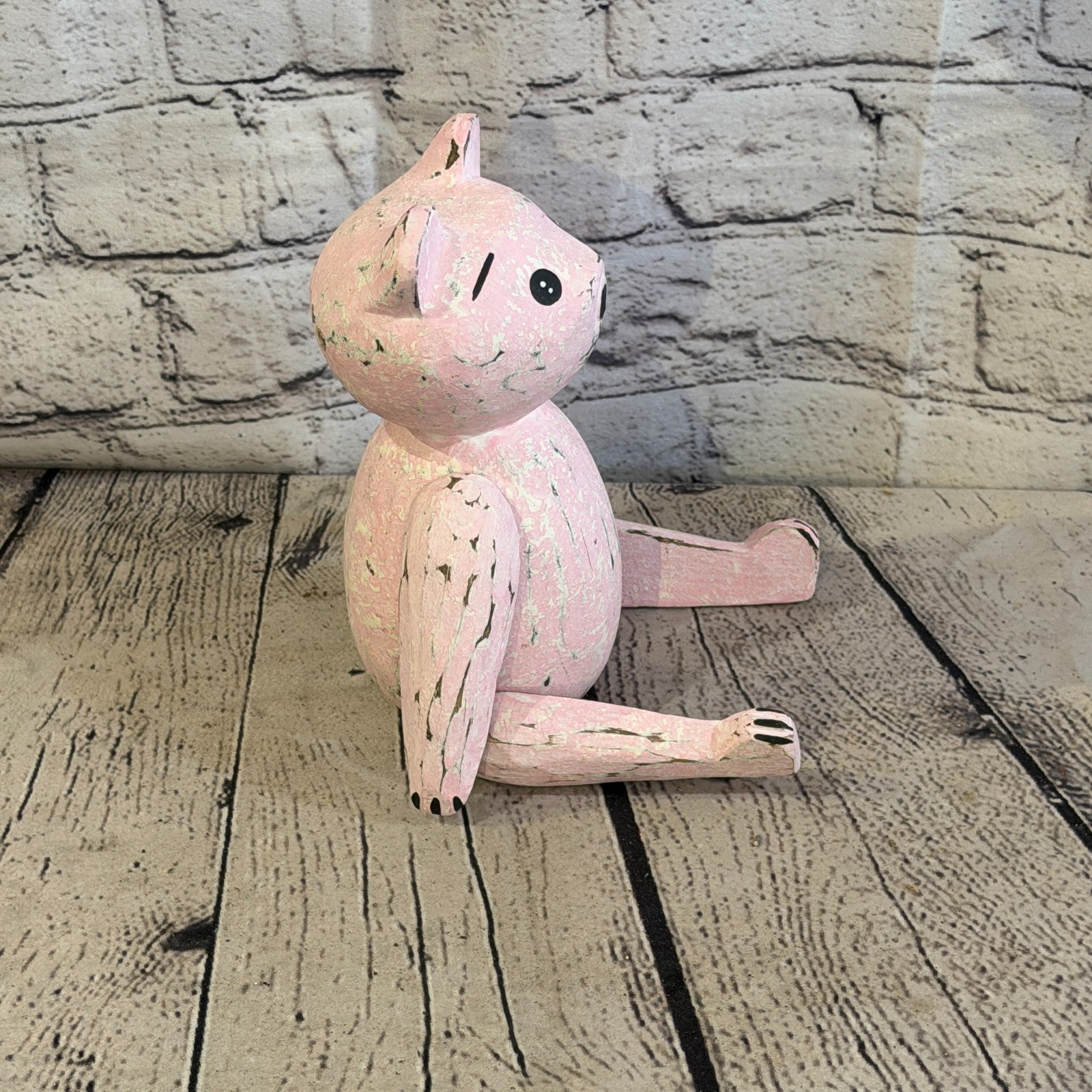 18cm Pink Teddy Bear Sitting Animal, Wooden Shelf Ornament Handmade & Fairtrade3