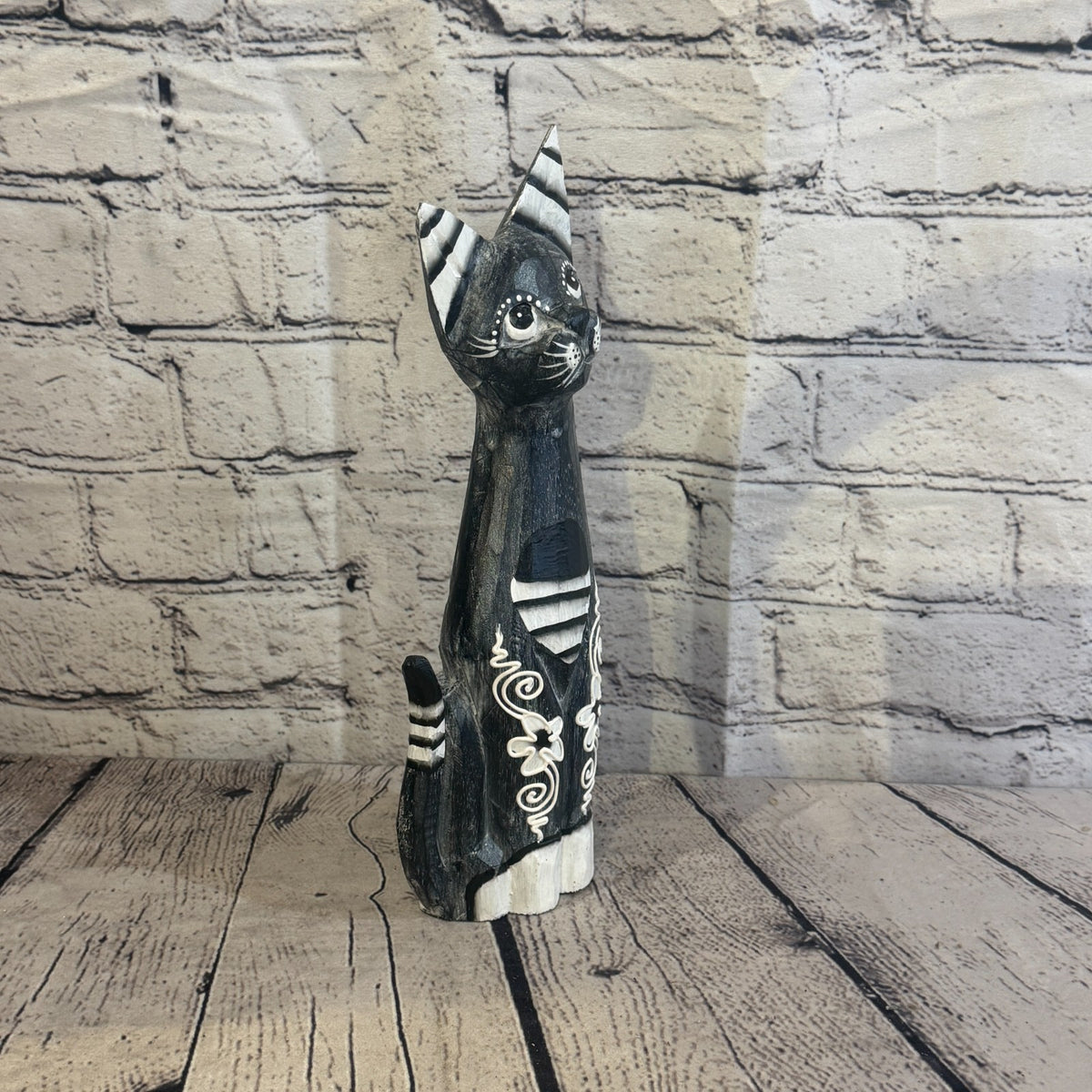30cm Grey Flower Wooden Shabby Cat Statue Ornament Fair Trade Handcarved2