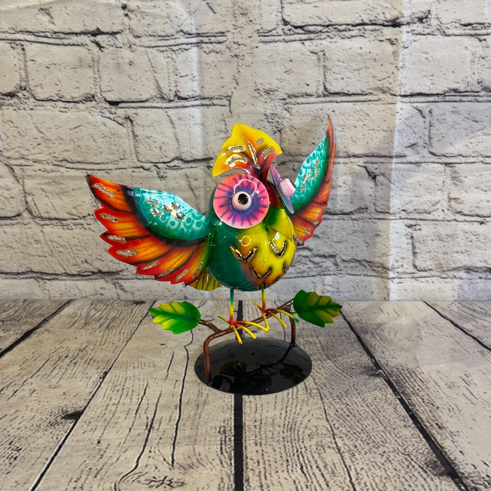 20cm x 30cm Owl Bird Green Metal Tin Standing Ornament Statue2