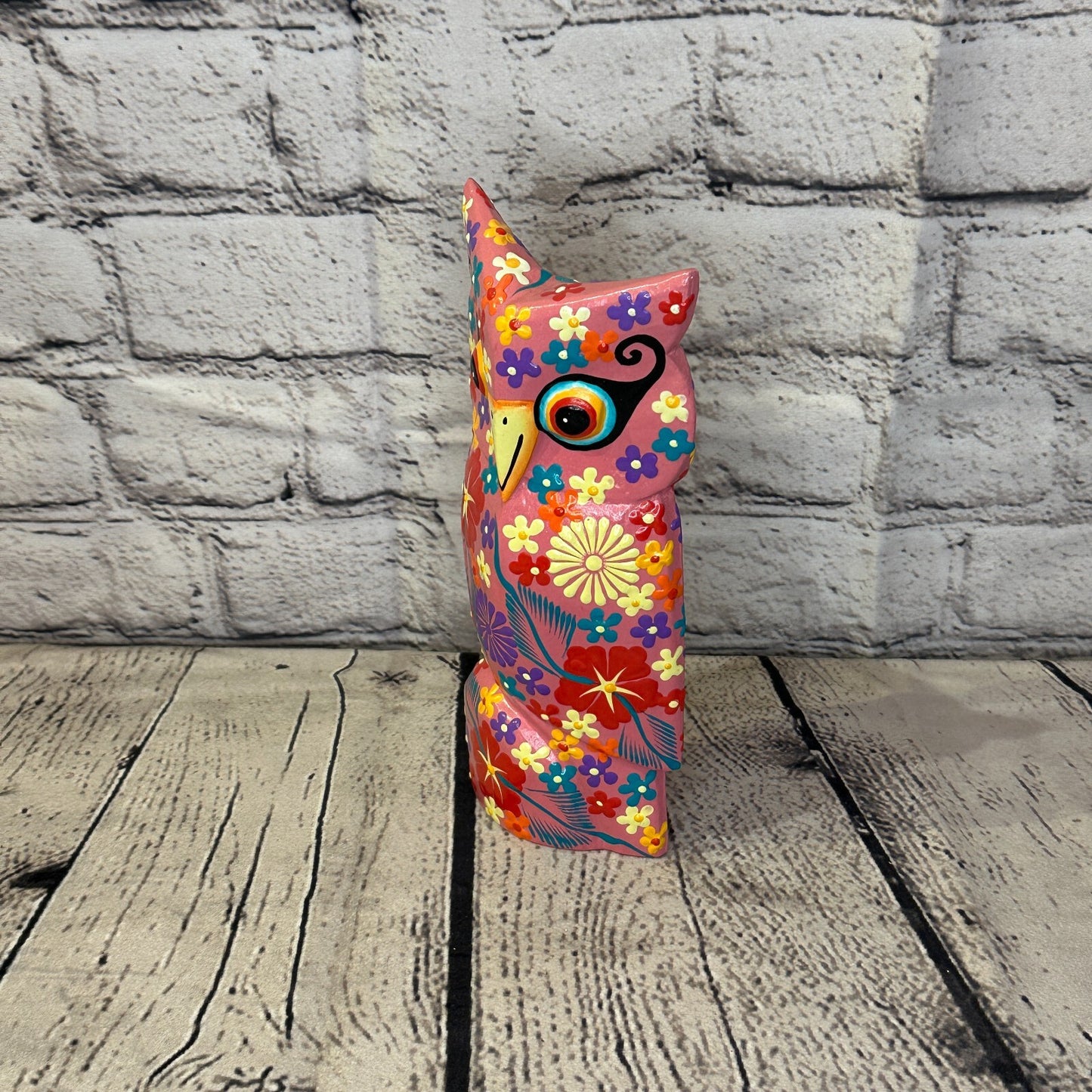 Pink Large Wooden Owl With Flower Pattern 20cm x 8cm Handmade and Fairtrade1