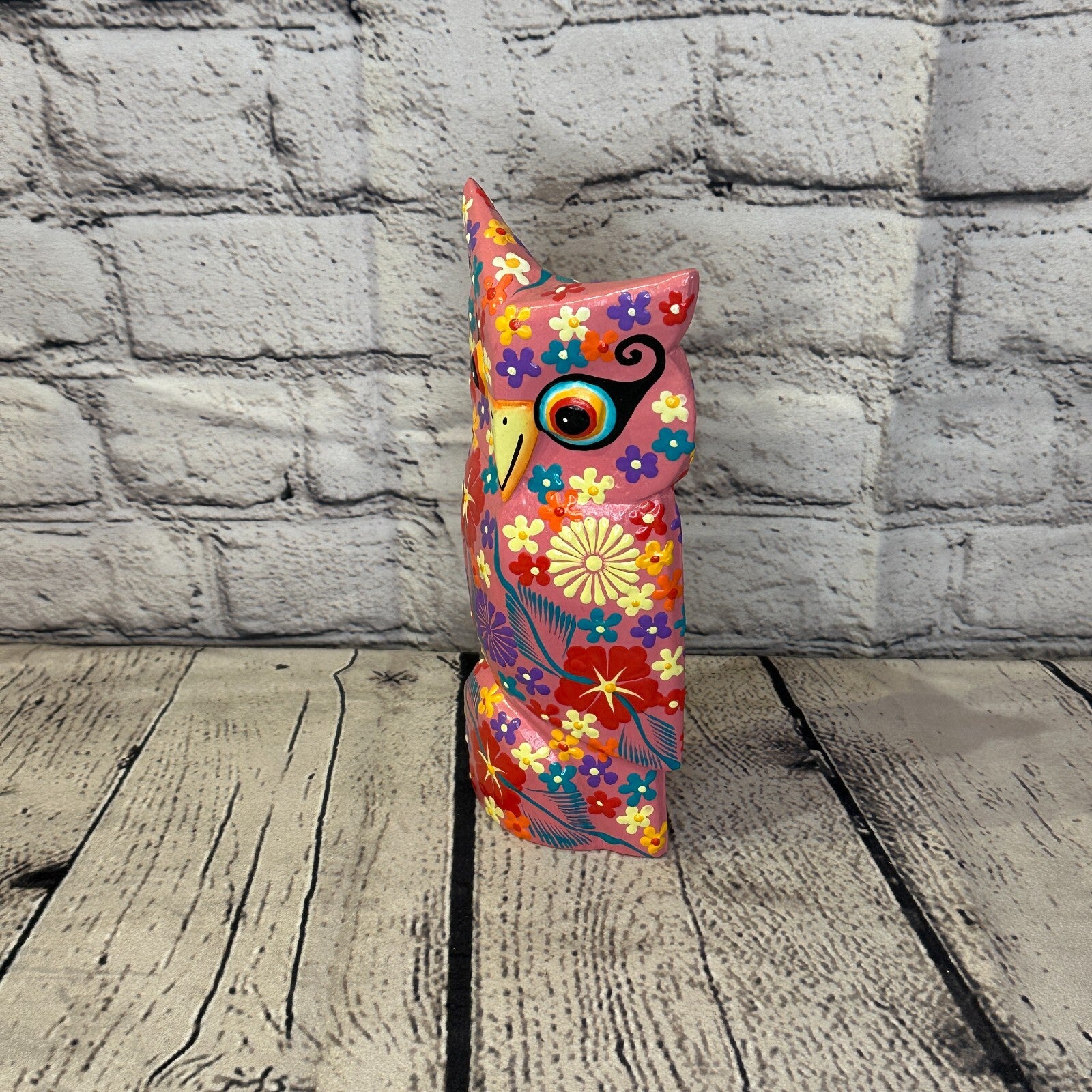 Pink Large Wooden Owl With Flower Pattern 20cm x 8cm Handmade and Fairtrade1