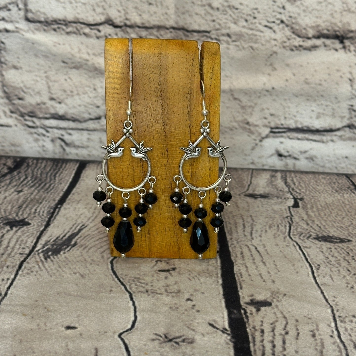 Black Drop Crystal Bird Dangle Drop Earrings Handmade UK Jewellery0