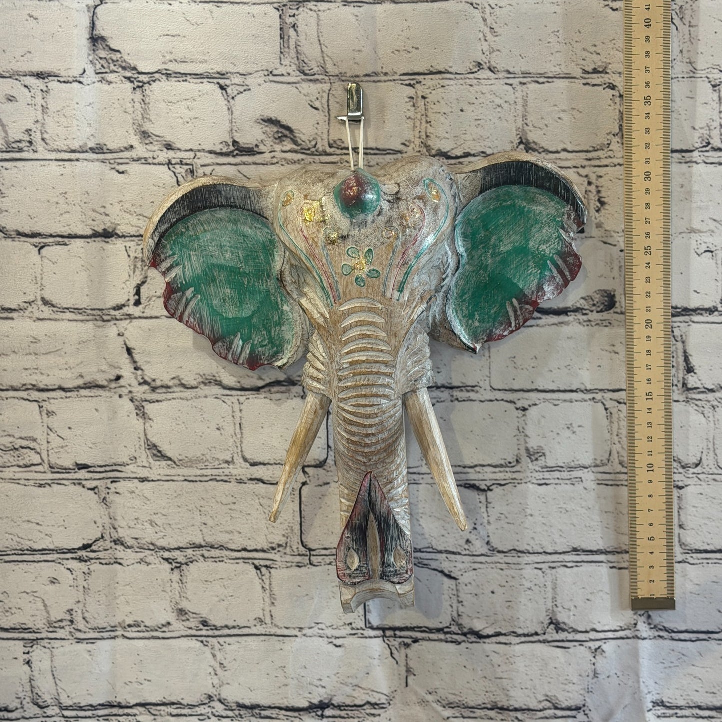 30cm x 30cm Silver Green Painted Wood Elephant Head Wall Mounted Art Shabby4
