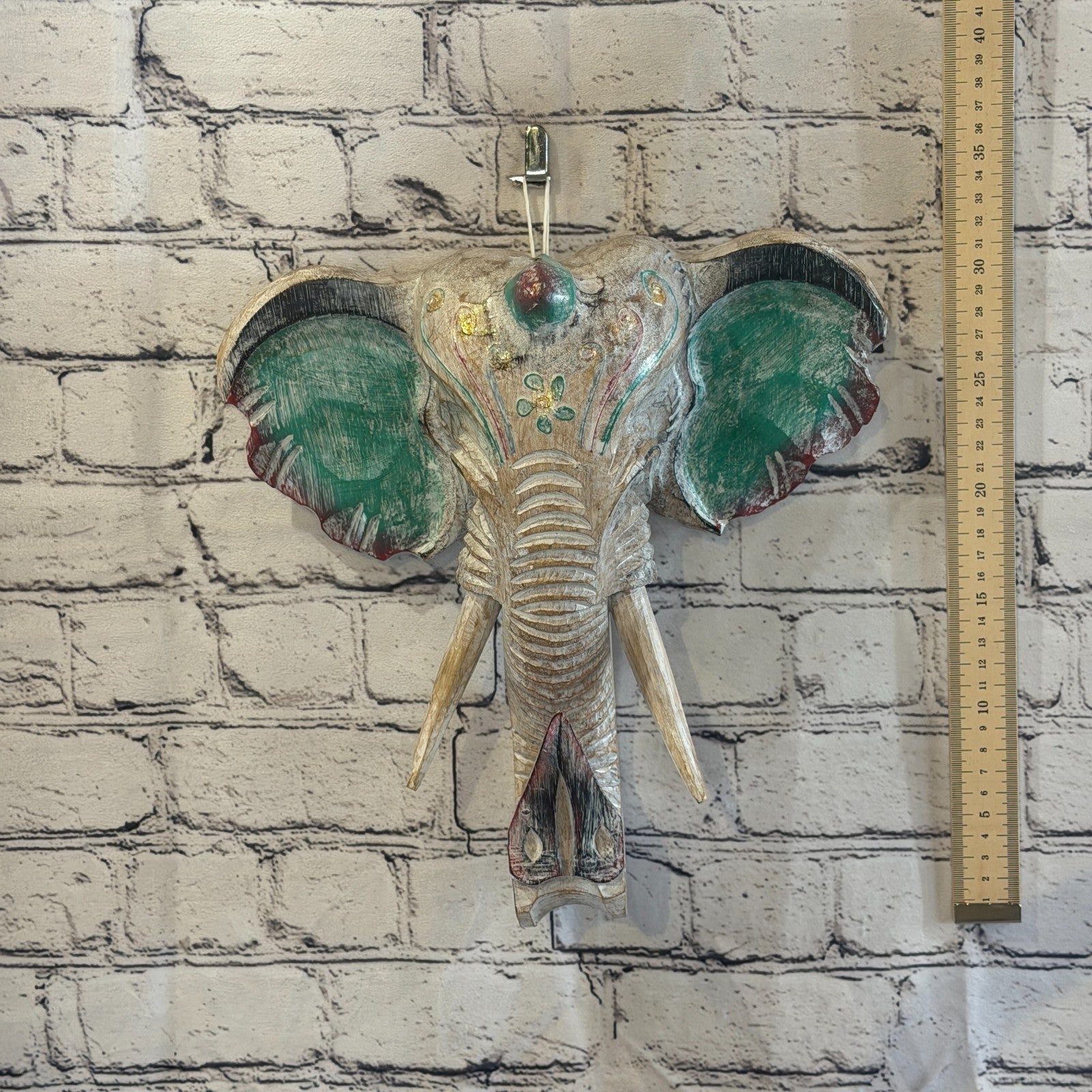 30cm x 30cm Silver Green Painted Wood Elephant Head Wall Mounted Art Shabby4