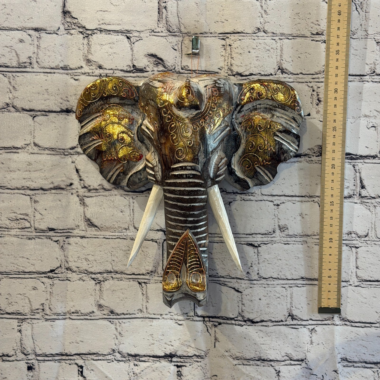 30cm x 30cm Brown Gold Painted Wood Elephant Head Wall Mounted Art Shabby4