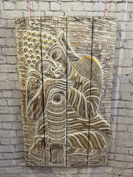 100cm x 60cm Buddha Brown Gold Wooden Wood Panel Wall Art Plaque Handcarved0