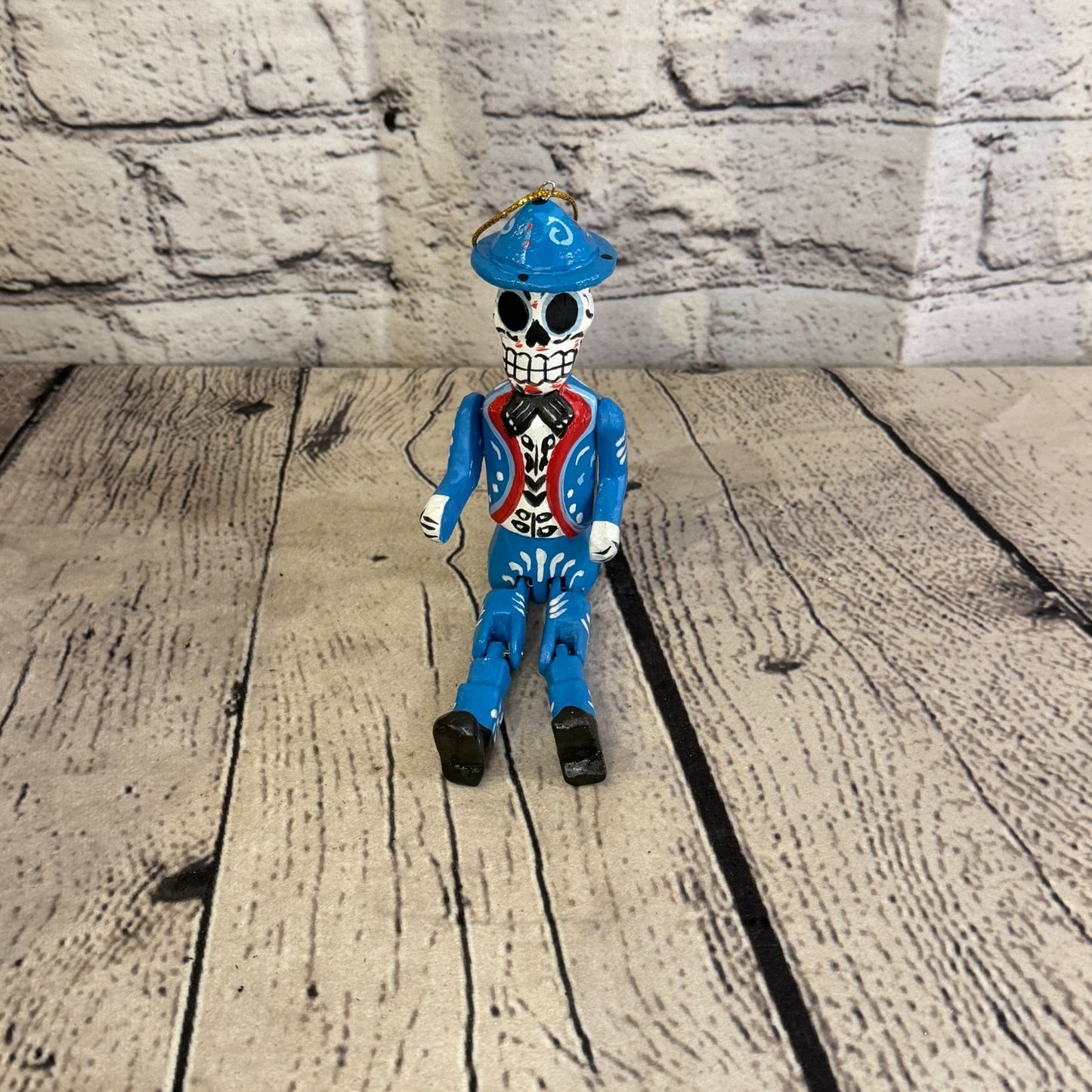 10cm Blue Day Of The Dead Man Sitting Animal, Wooden Shelf Ornament Fairtrade1