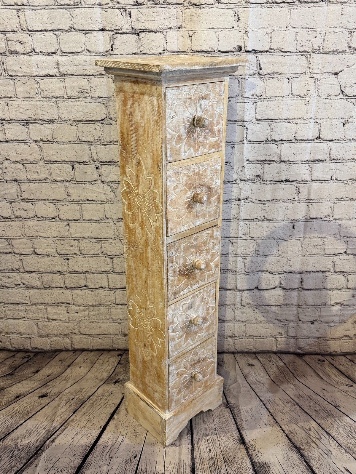 100cm x 25cm White 5 Draw Pillar Wooden Side Cabinet Living Storage Furniture2