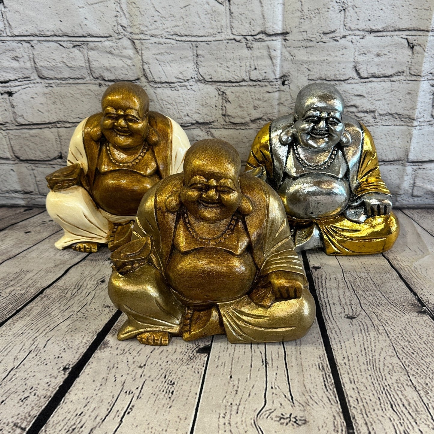 Silver And Gold 12cm x 12cm Large Chinese Buddha Sitting On Lotus Statue Resin10
