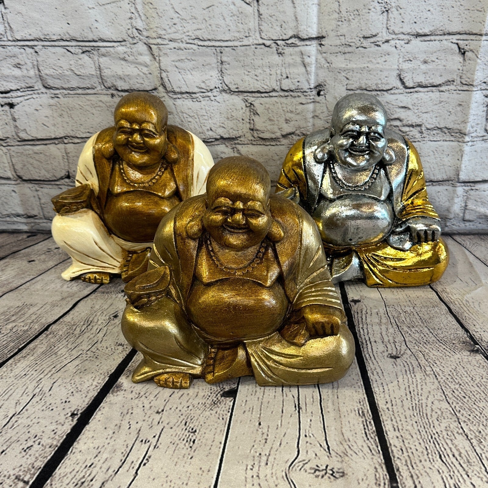 Silver And Gold 12cm x 12cm Large Chinese Buddha Sitting On Lotus Statue Resin10