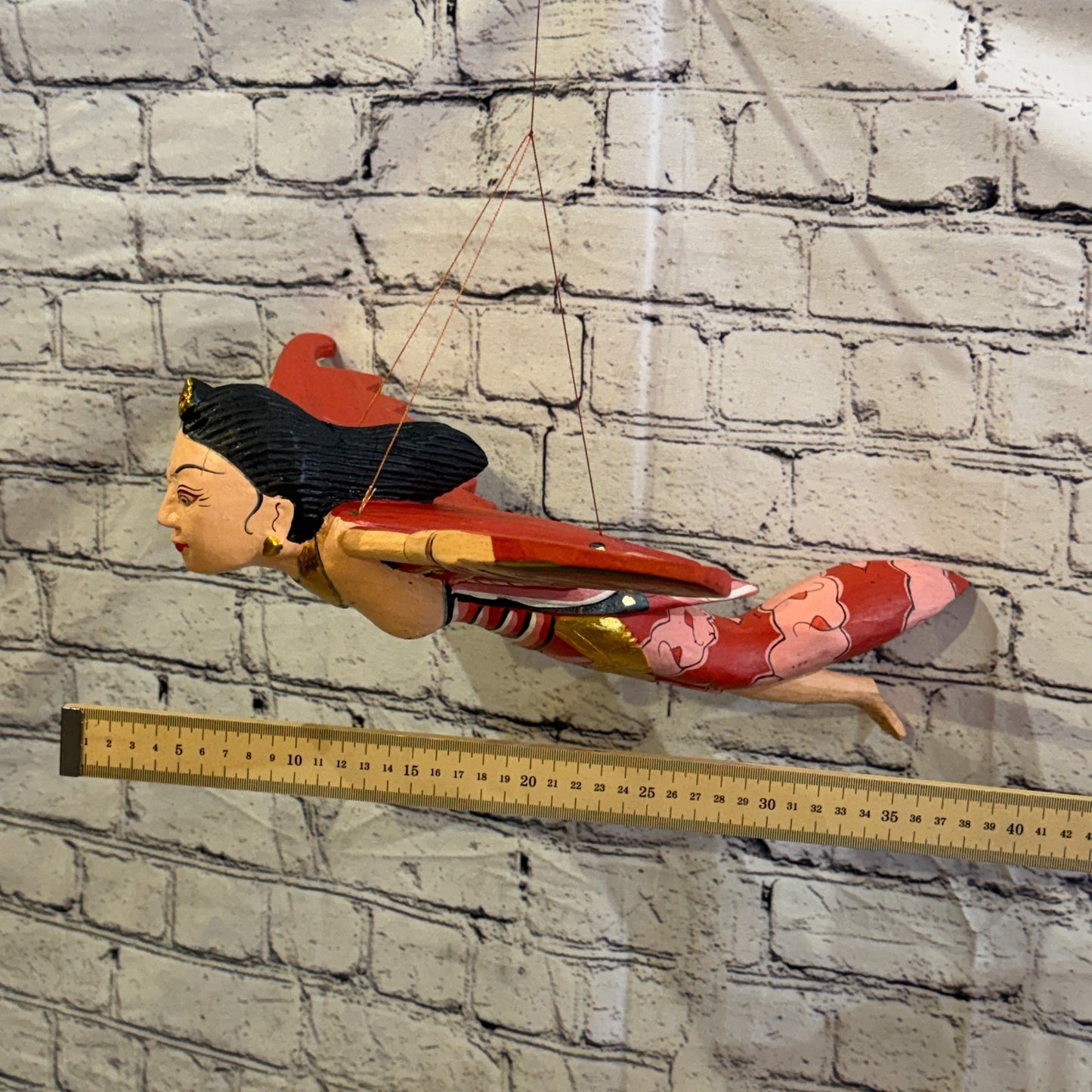 35cm Red Sita Hindu Folk Art Carved Wood Flying Winged Mobile Spirit Guardian2