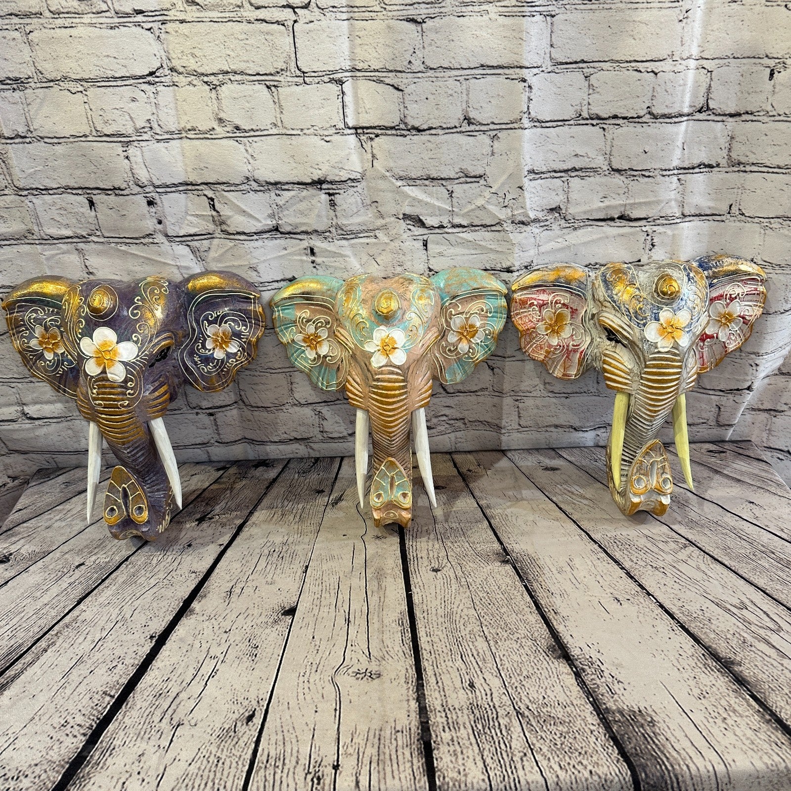 50cm x 45cm Pink Flower Painted Wood Elephant Head Wall Mounted Art Shabby7