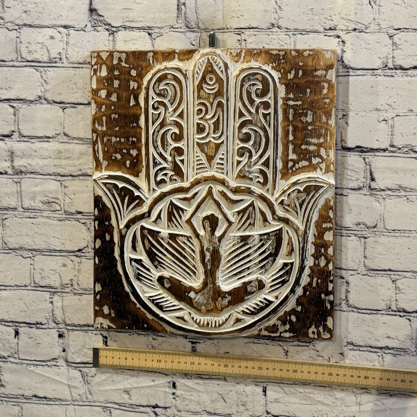 40cm x 35cm Hand Of Fatima Brown Wooden Wood Panel Wall Art Plaque Handcarved3