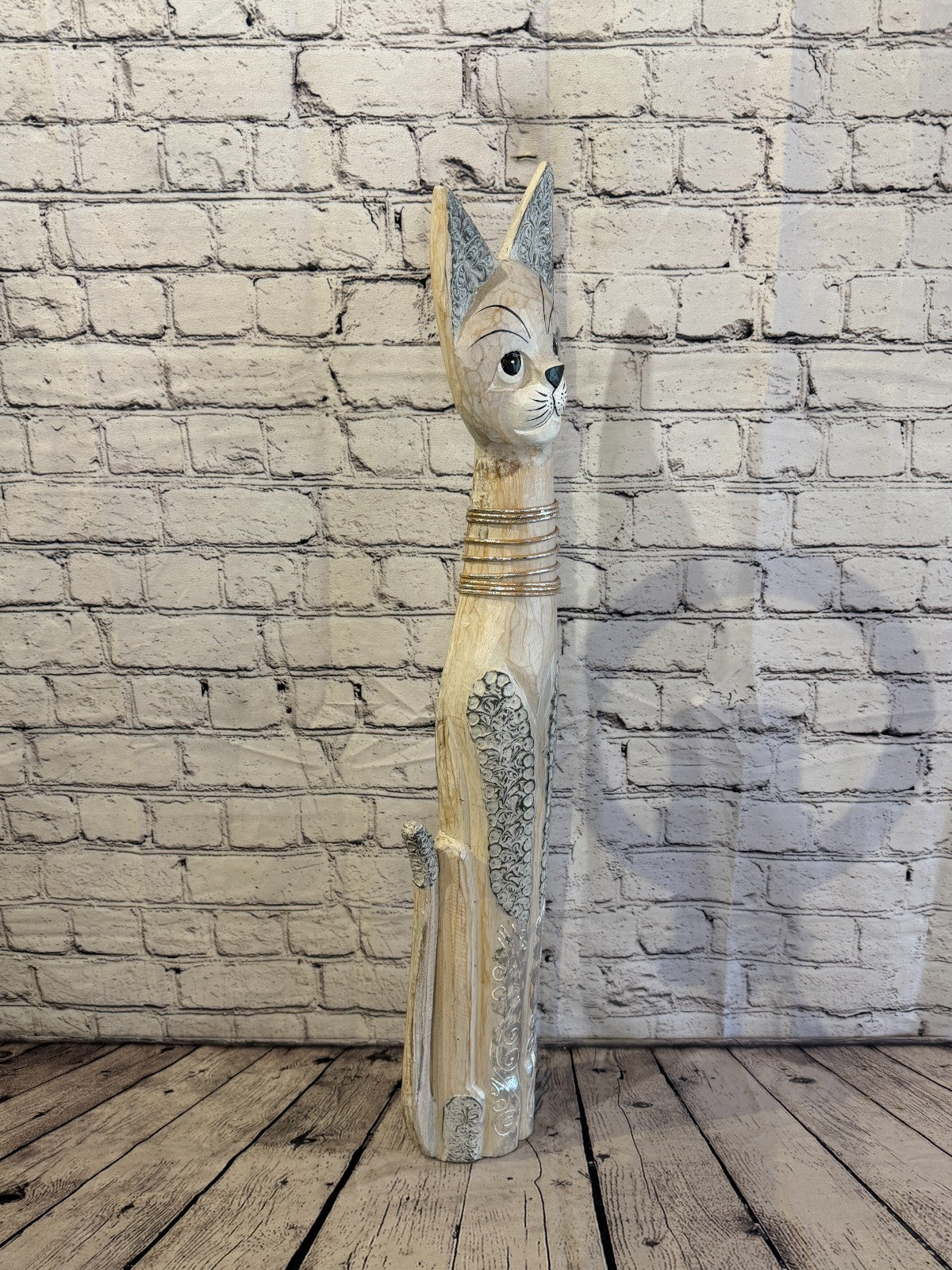 80cm White Silver Dots Wooden Shabby Cat Statue Ornament Fair Trade Handcarved2