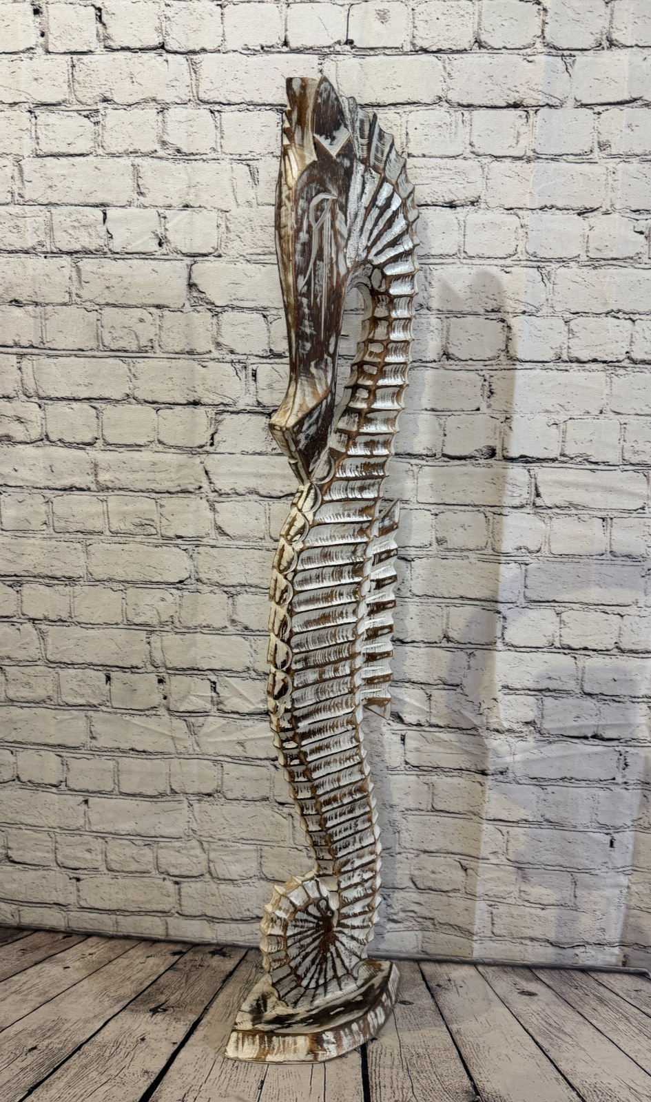 100cm Brown Wooden Shabby Seahorse Statue Ornament Fair Trade Handcarved0
