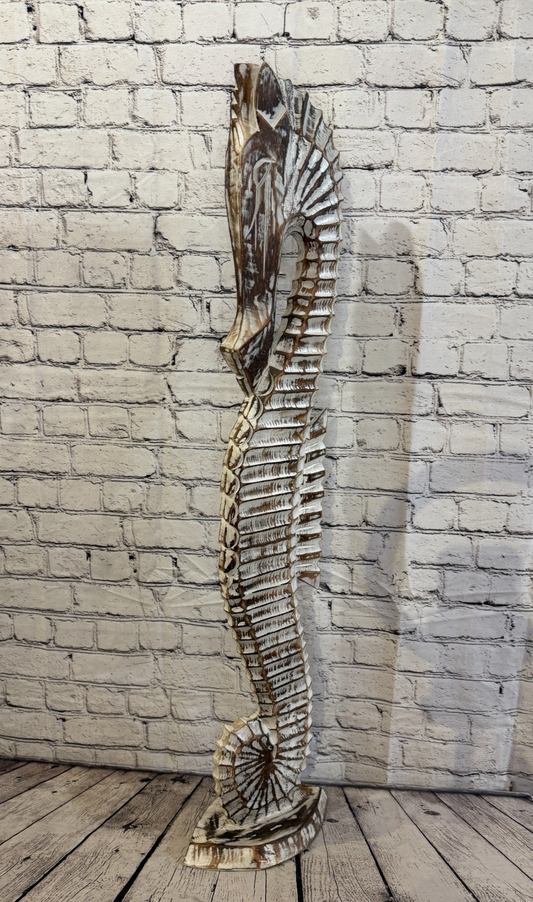 100cm Brown Wooden Shabby Seahorse Statue Ornament Fair Trade Handcarved0