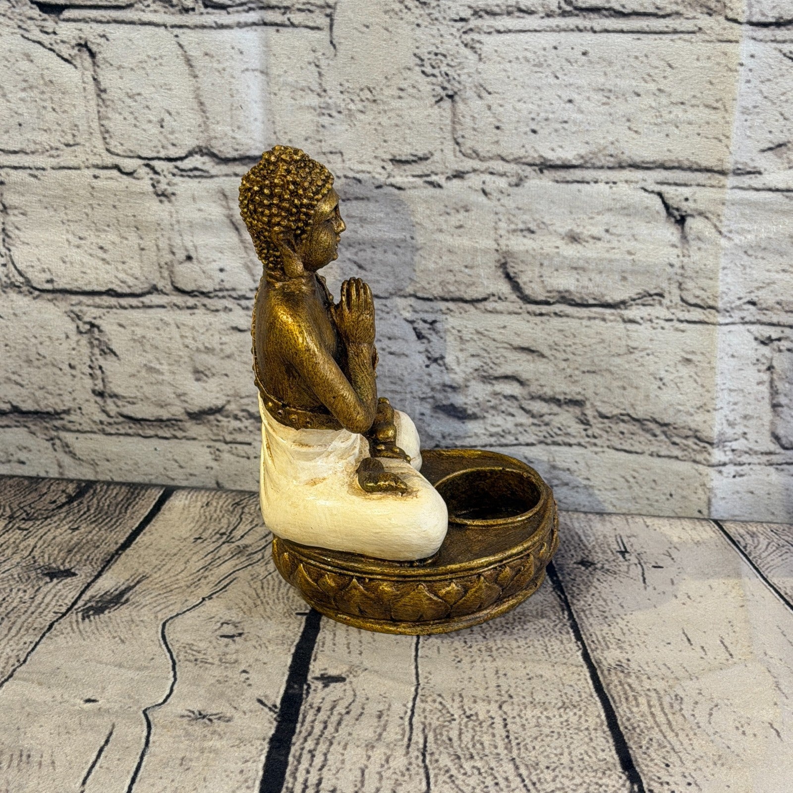 White & Bronze 20cm x 10cm Thai Buddha Tea Light Holder Statue Resin Hindu3