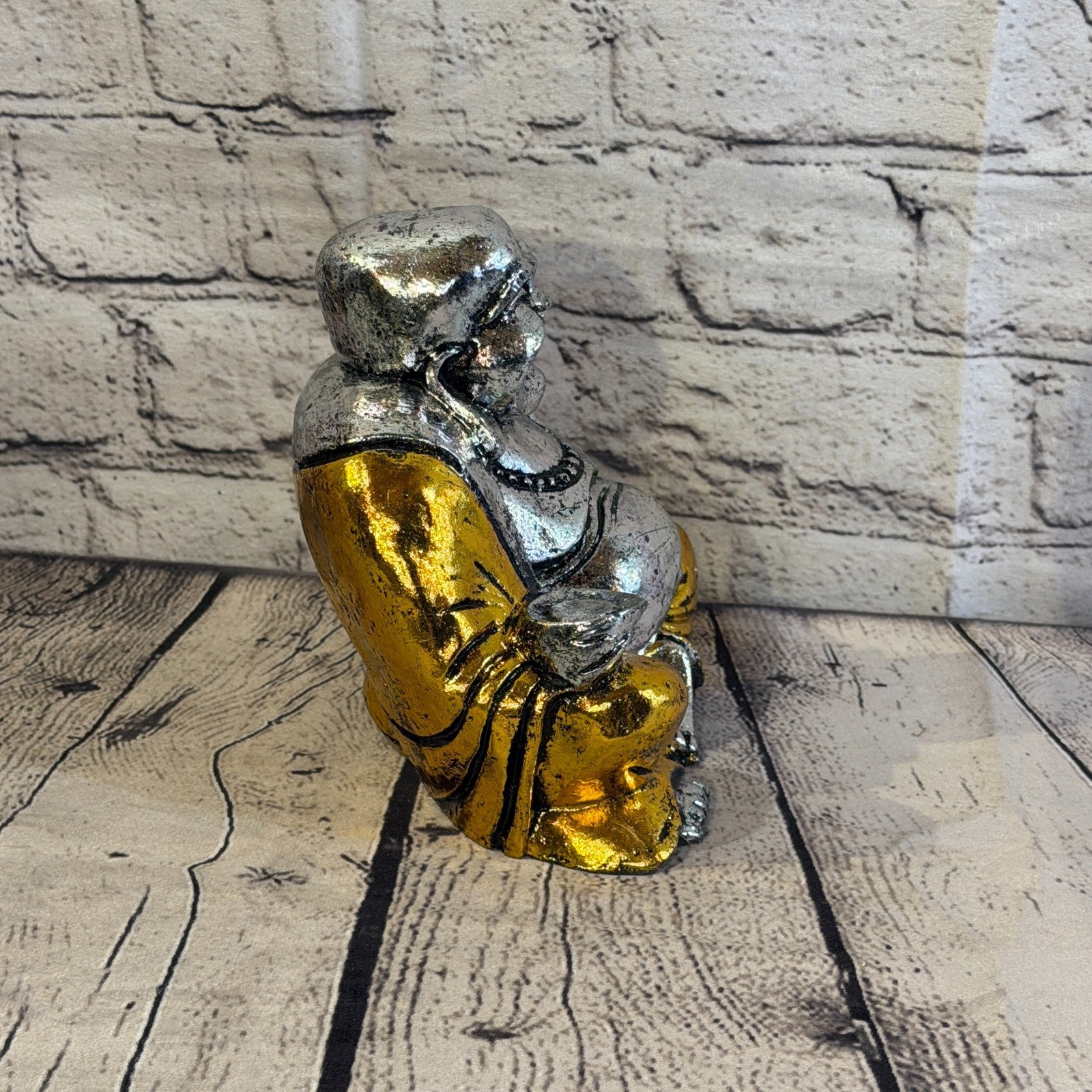 Silver And Gold 15cm x 15cm Large Chinese Buddha Sitting On Lotus Statue Resin3
