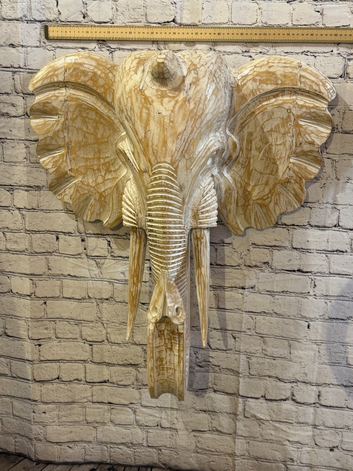 80cm x 65cm White Carved Wood Elephant Head Wall Mounted Art Large Shabby3
