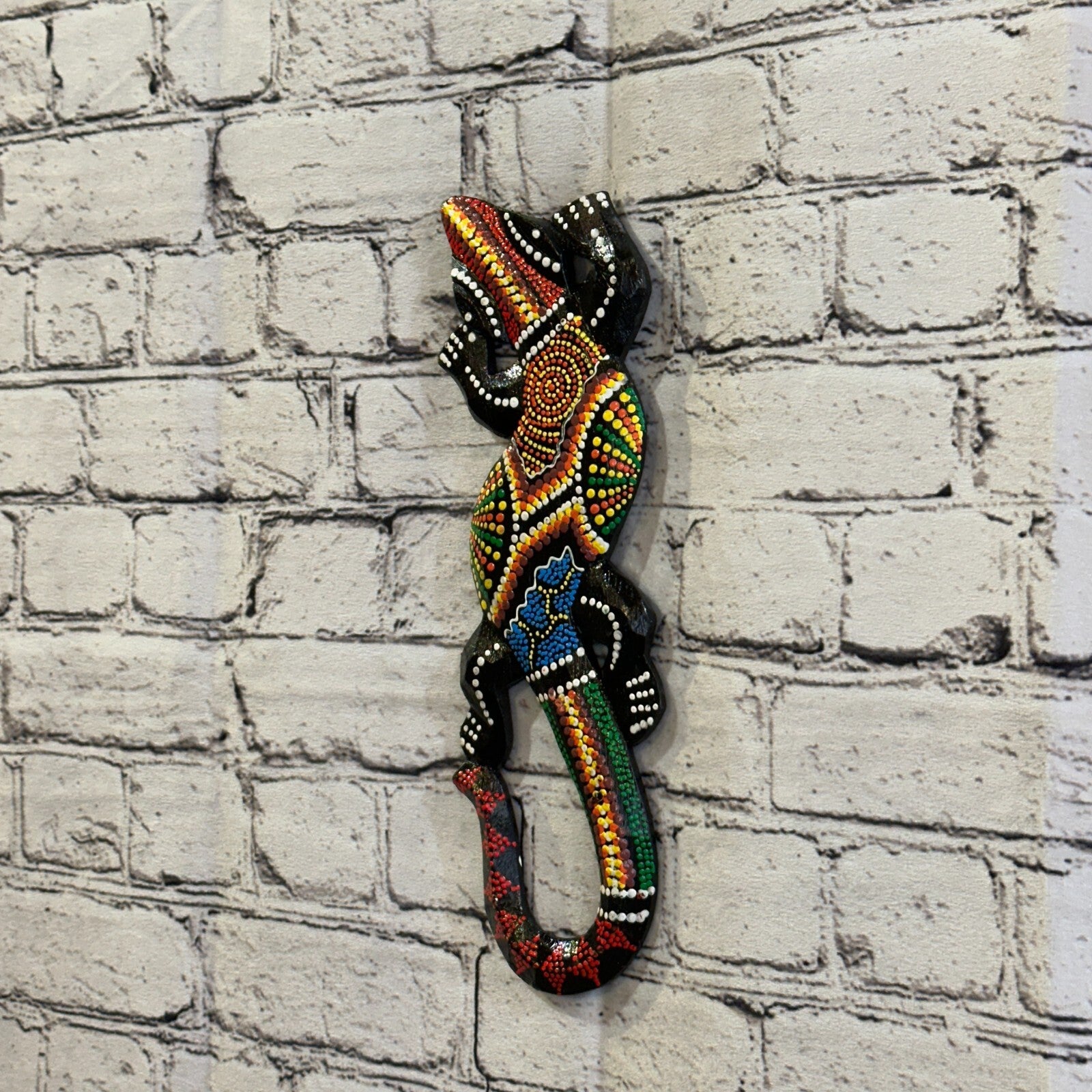 30cm Gecko Carved Wooden Dot Painted Ethnic Tribal Tiki Wall Handmade No 62