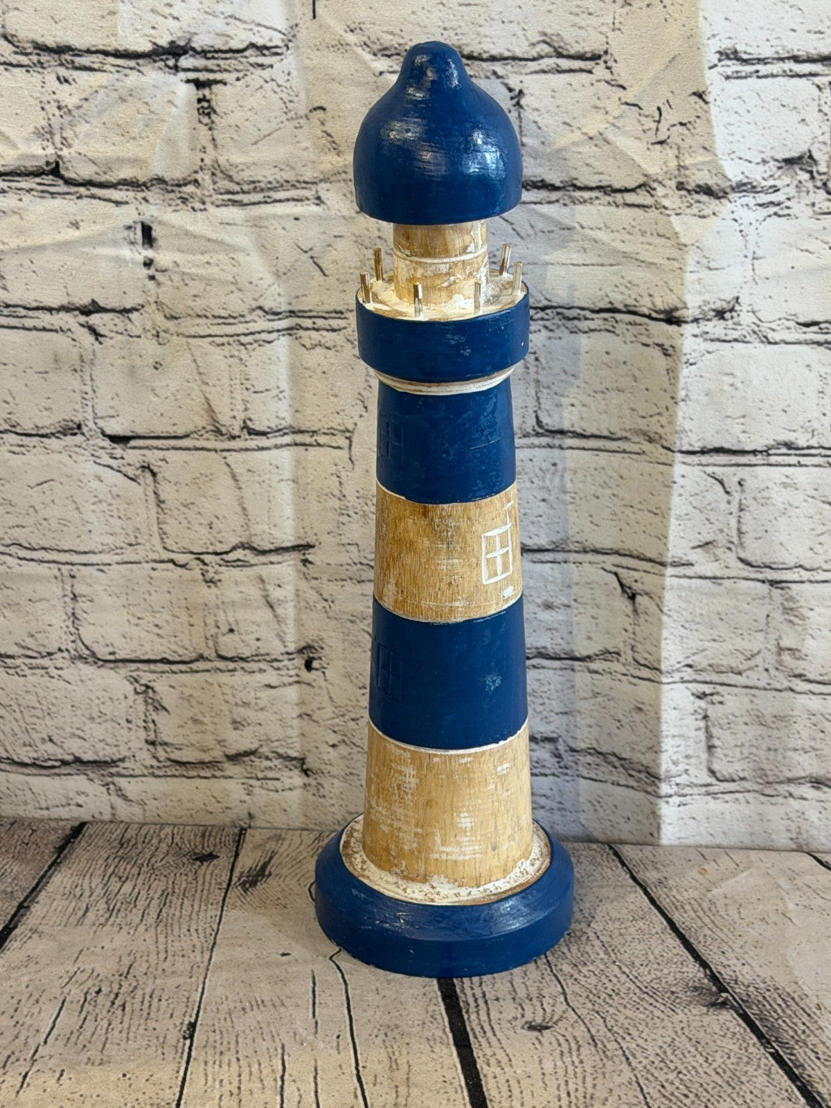 40cm Blue White Wooden Lighthouse Ornament Nautical Coastal Sculpture Statue1