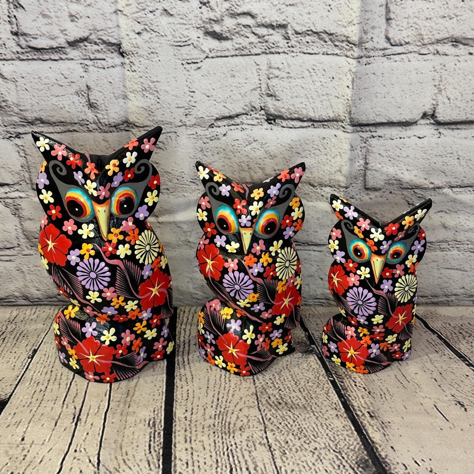 Black Large Wooden Owl With Flower Pattern 20cm x 8cm Handmade and Fairtrade8