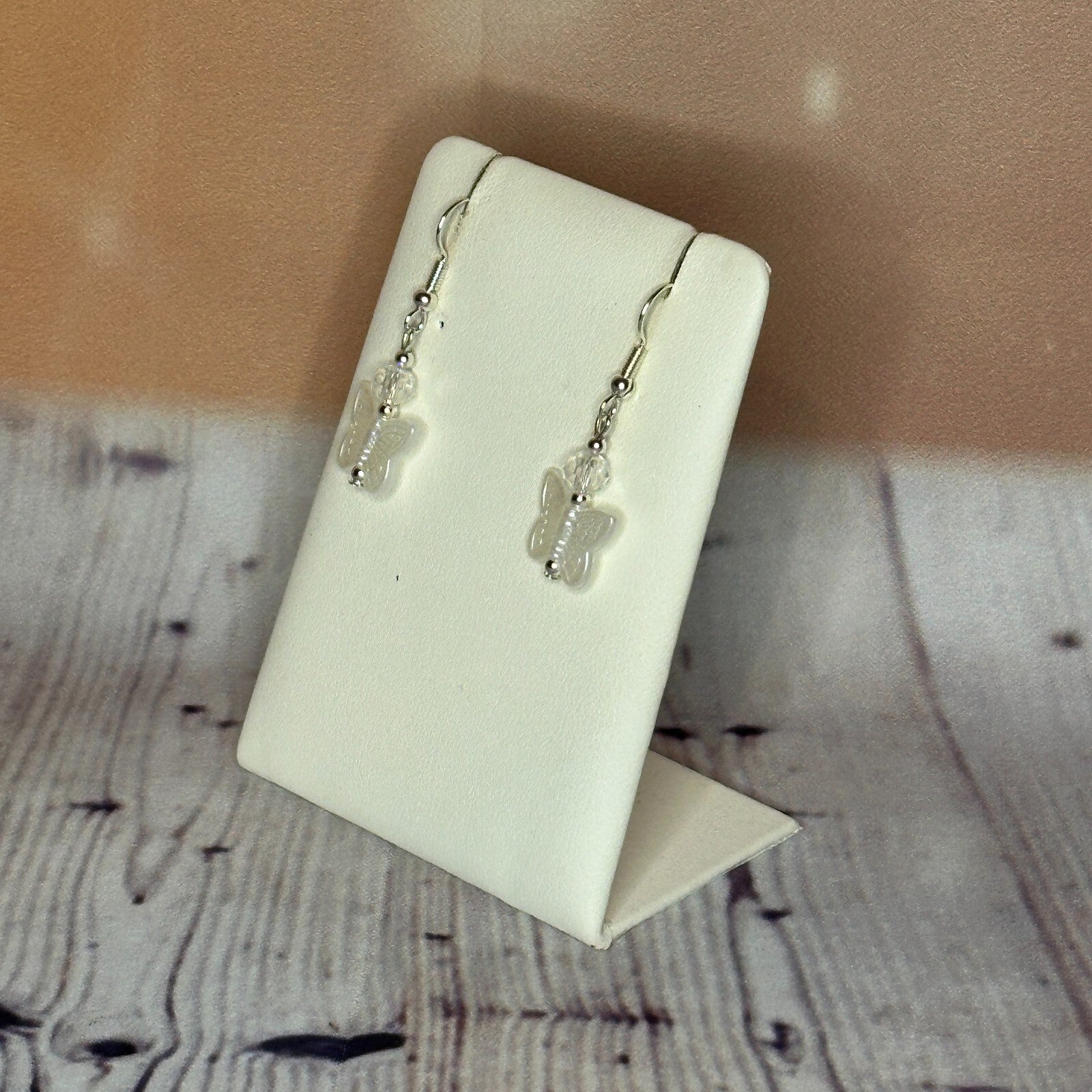 White Crystal And White Butterfly Dangle Drop Earrings Handmade UK Jewellery1