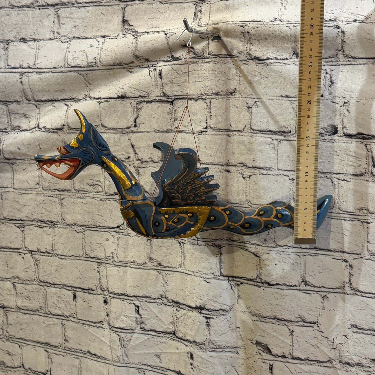 40cm Blue Dragon Folk Art Carved Wood Flying Winged Mobile Spirit Guardian2