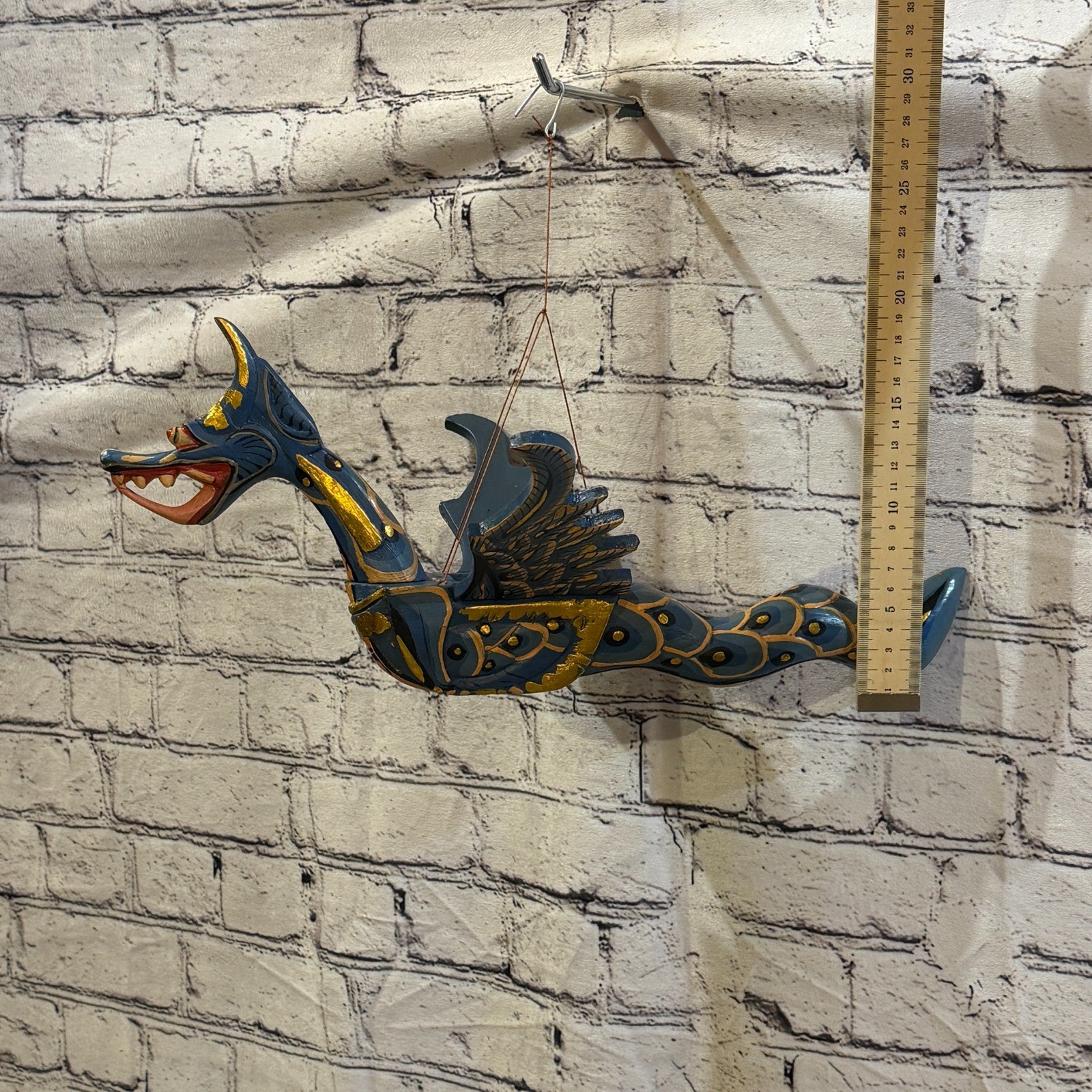 40cm Blue Dragon Folk Art Carved Wood Flying Winged Mobile Spirit Guardian2