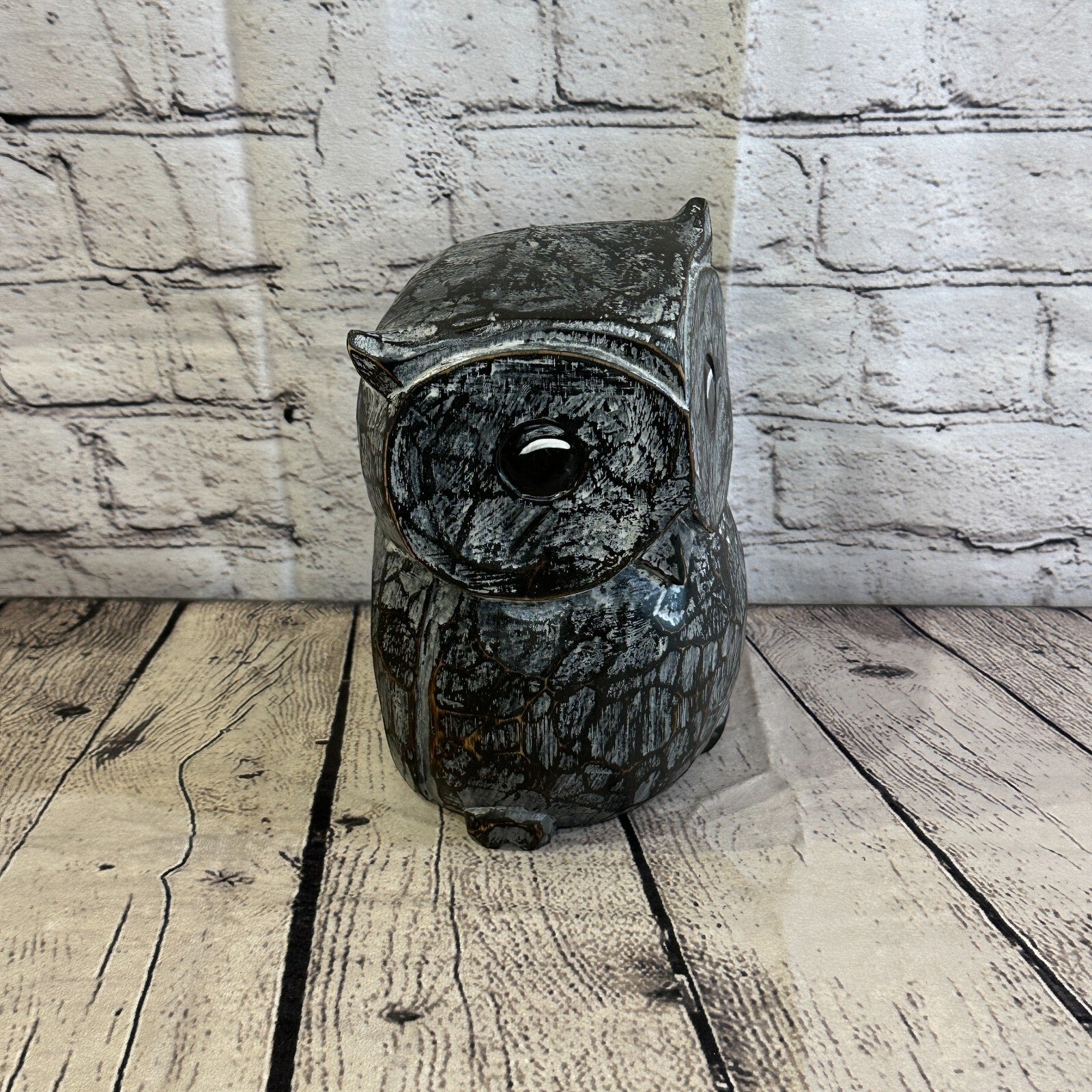 20cm x 15cm Black Flower Wooden Shabby Owl Statue Ornament Fair Trade Handcarved2