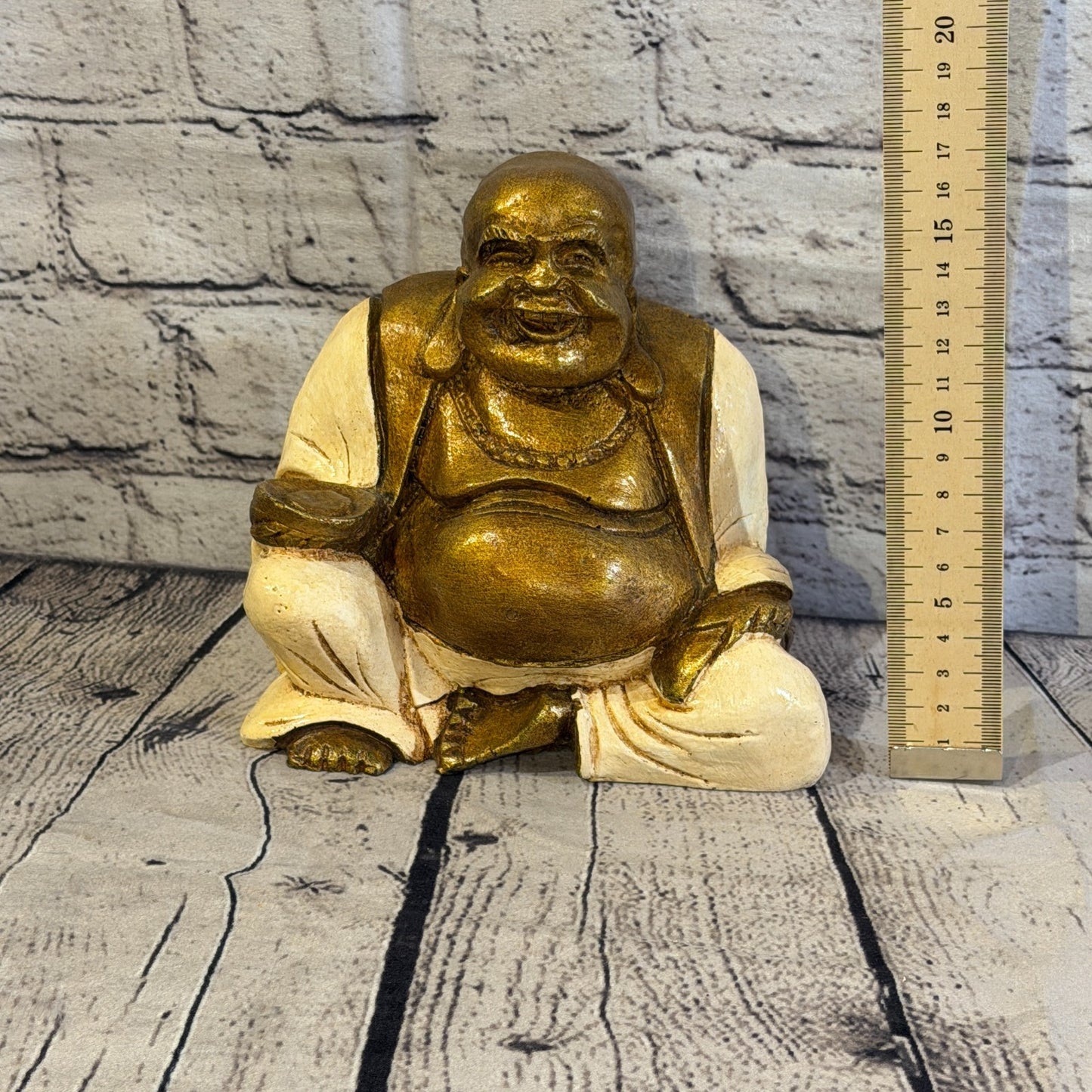 Cream & Bronze 15cm x 15cm Large Chinese Buddha Sitting On Lotus Statue Resin5