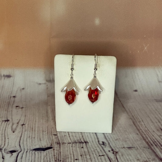 Red Drop Crystal Lily Flower Dangle Drop Earrings Handmade UK Jewellery0