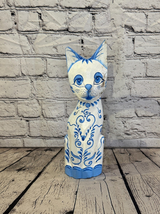 30cm Blue White Flower Wooden Shabby Cat Statue Ornament Fair Trade Handcarved0