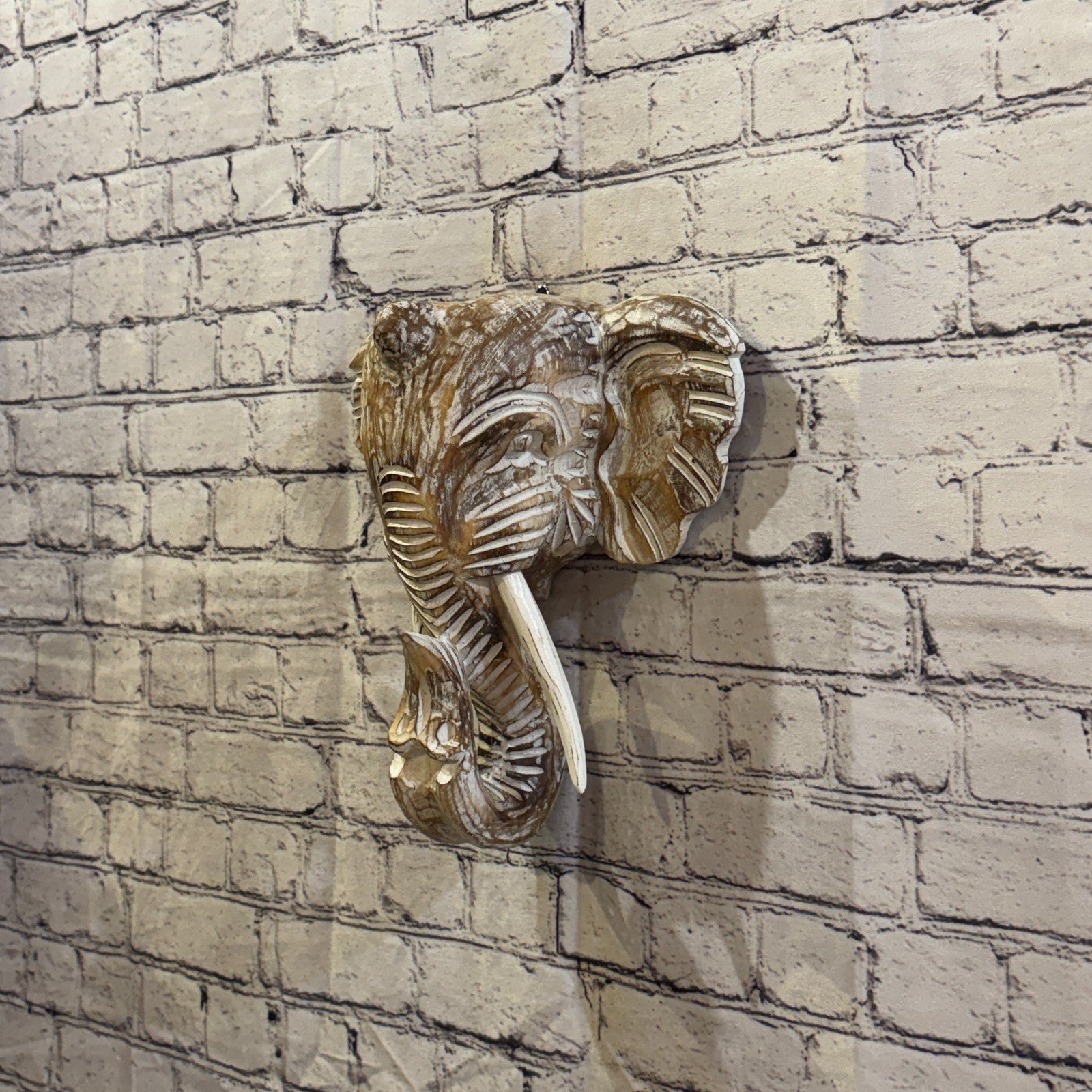30cm x 30cm Plain Brown Painted Wood Elephant Head Wall Mounted Art Shabby1