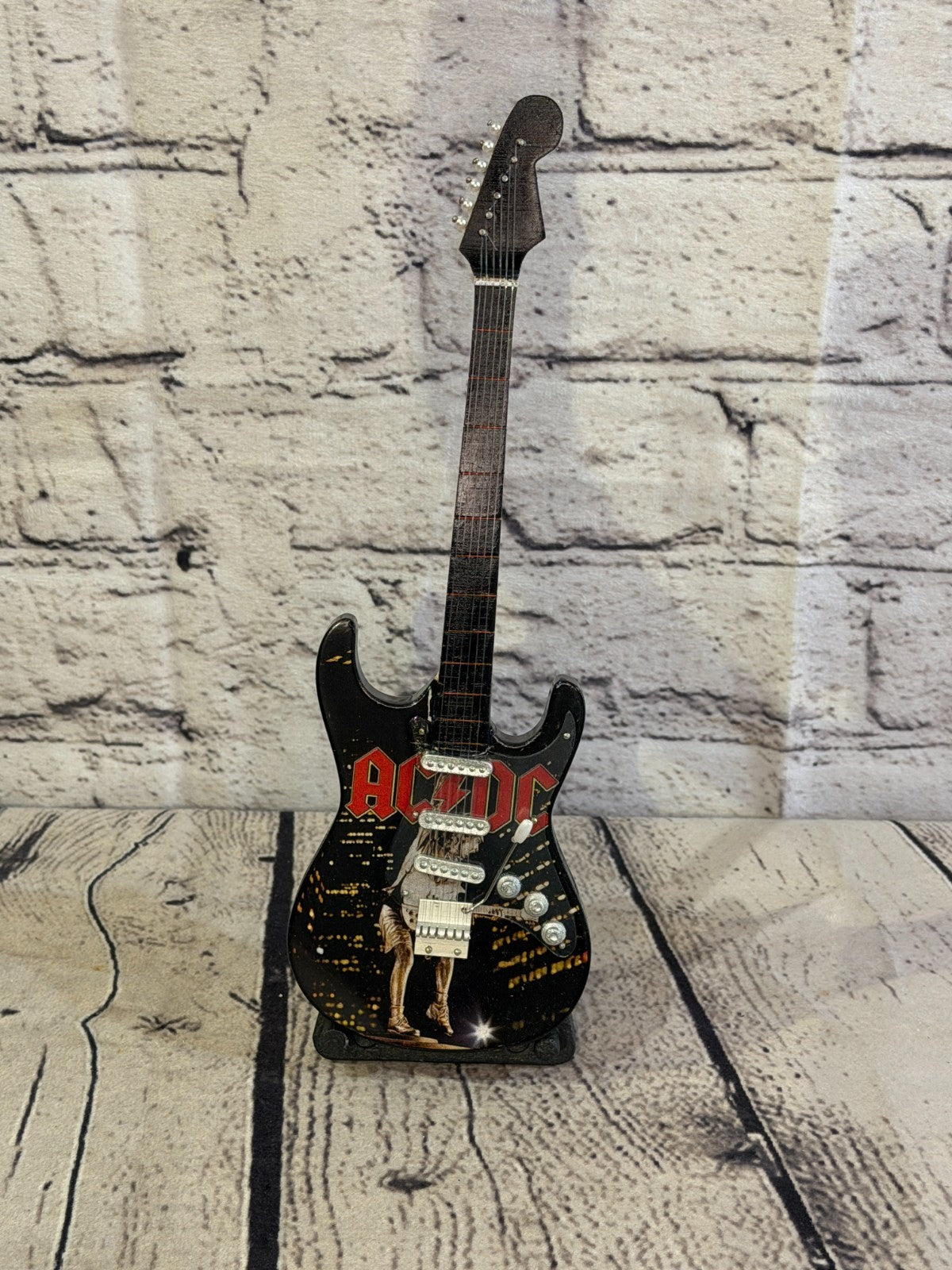 Miniature 25cm Guitar AC DC Black Band Guitar on Stand Band Gift Display1