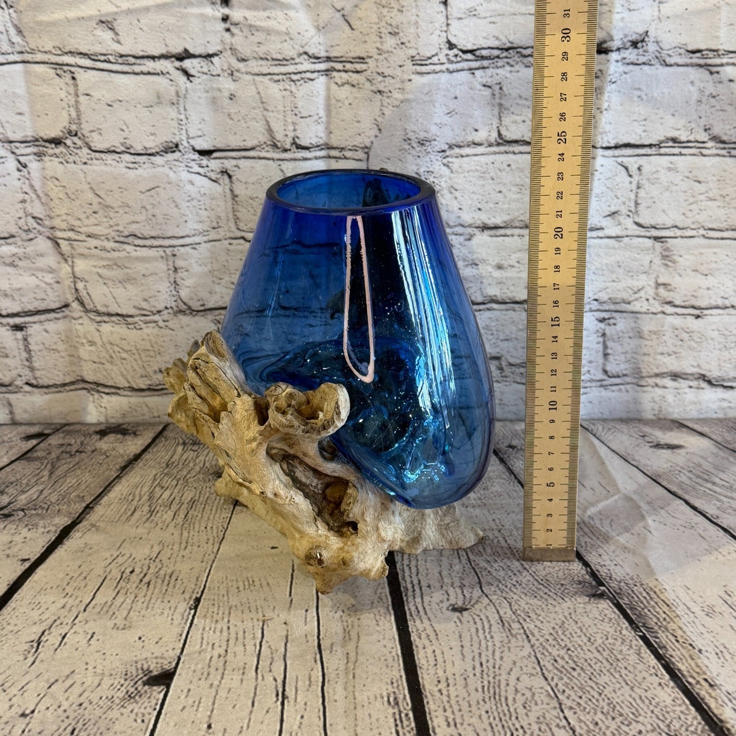 20cm Tall Blue Colour Melted Glass Wood Decorative Vase Glass Sculpture Crafted4