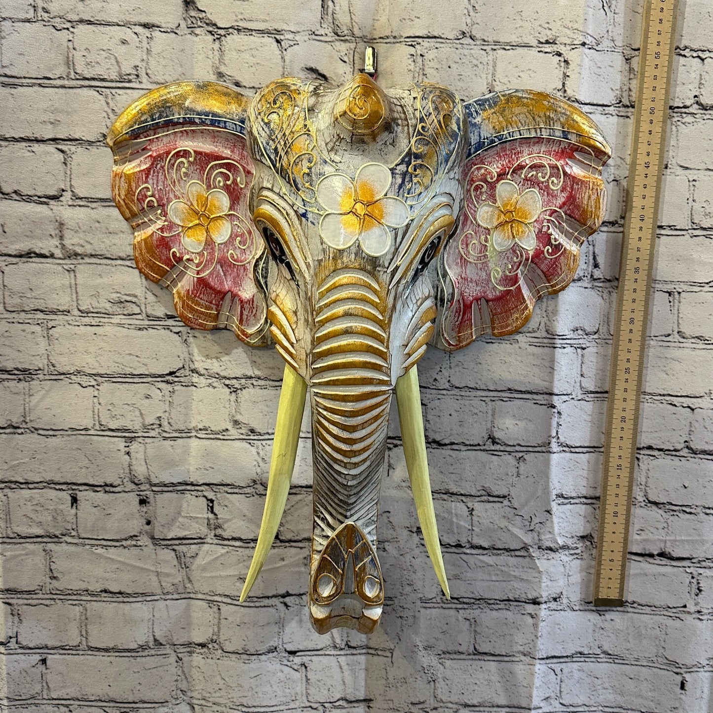 50cm x 45cm Pink Flower Painted Wood Elephant Head Wall Mounted Art Shabby4