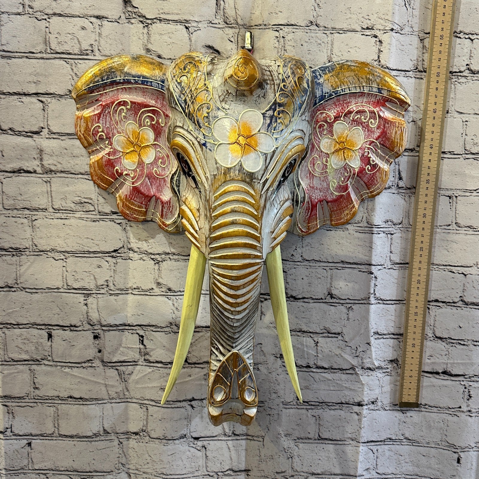 50cm x 45cm Pink Flower Painted Wood Elephant Head Wall Mounted Art Shabby4