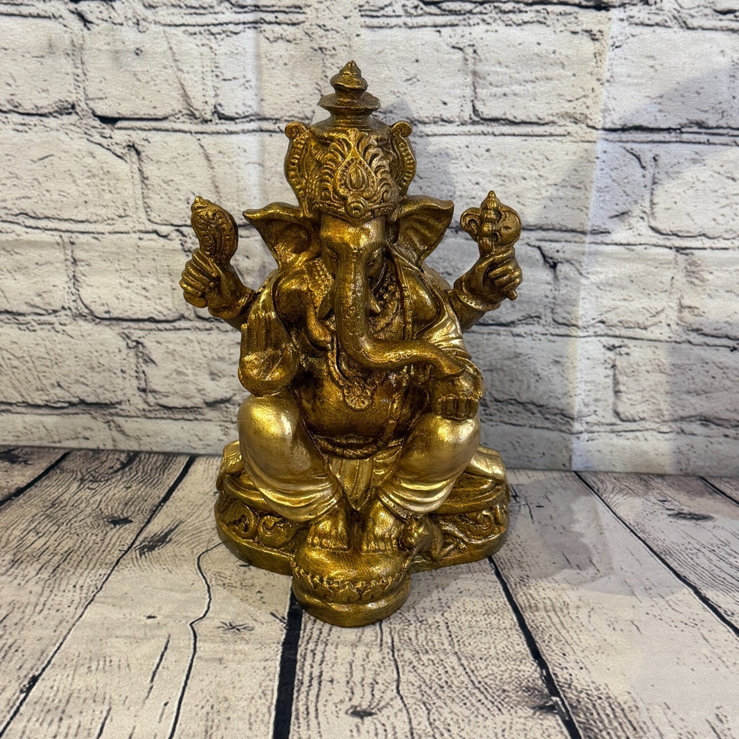 Bronze & Bronze 25cm Large Ganesh Ganesa Sitting On Lotus Statue Resin Hindu0