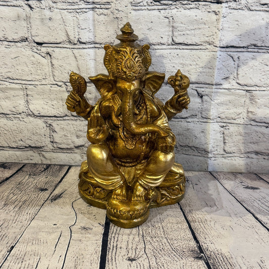 Bronze & Bronze 25cm Large Ganesh Ganesa Sitting On Lotus Statue Resin Hindu0