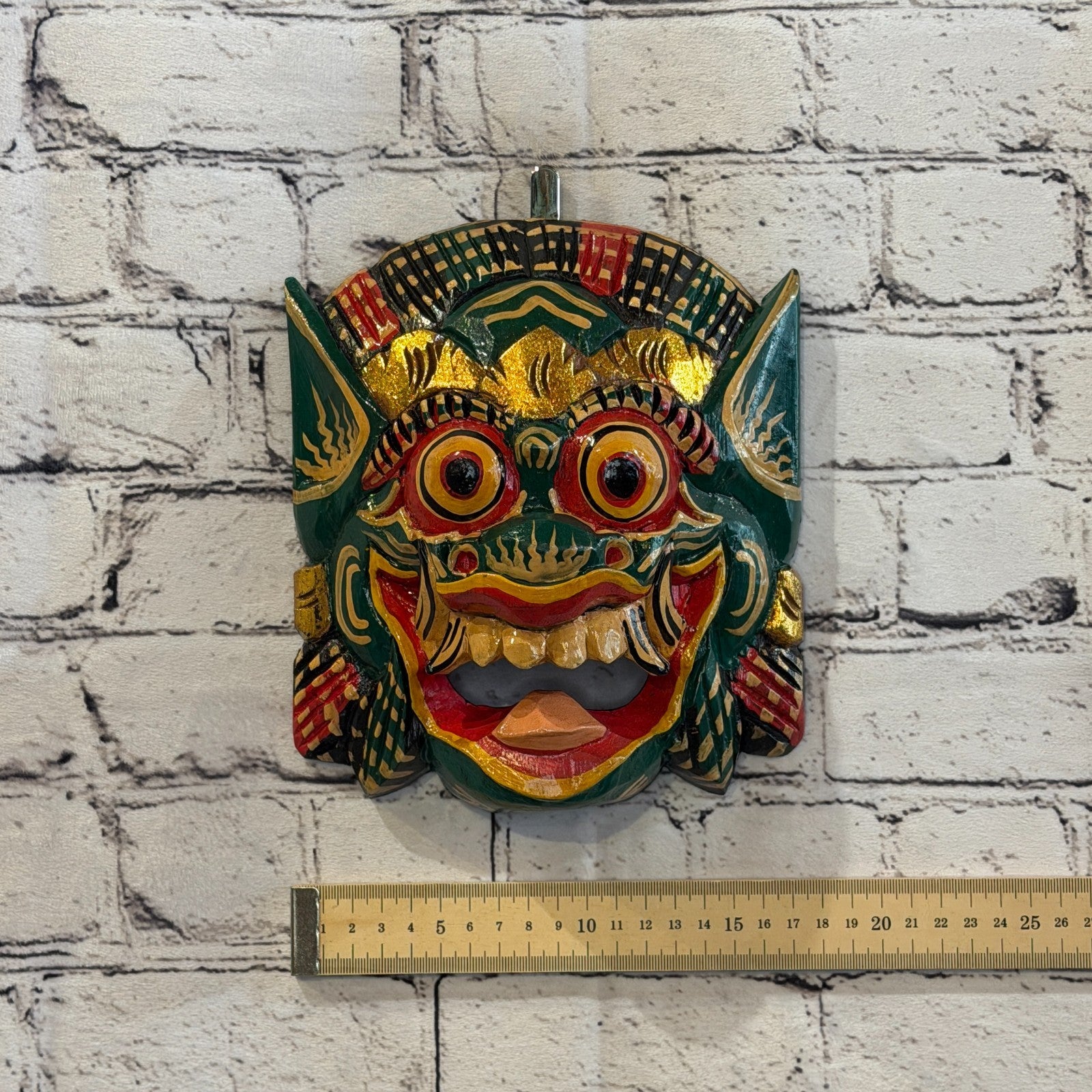 Large Wooden Green Barong Wall Mask 20cm x 20cm Handmade And Fairtrade Hindu3
