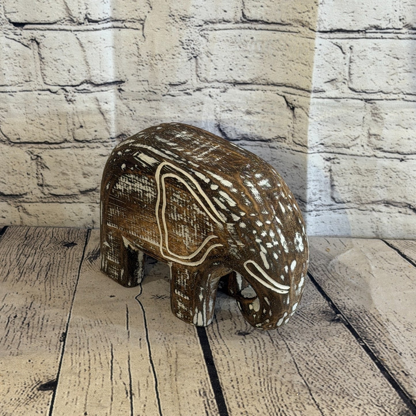 15cm x 20cm Brown Wood Wooden Standing Elephant Hand Carved Painted Statue2