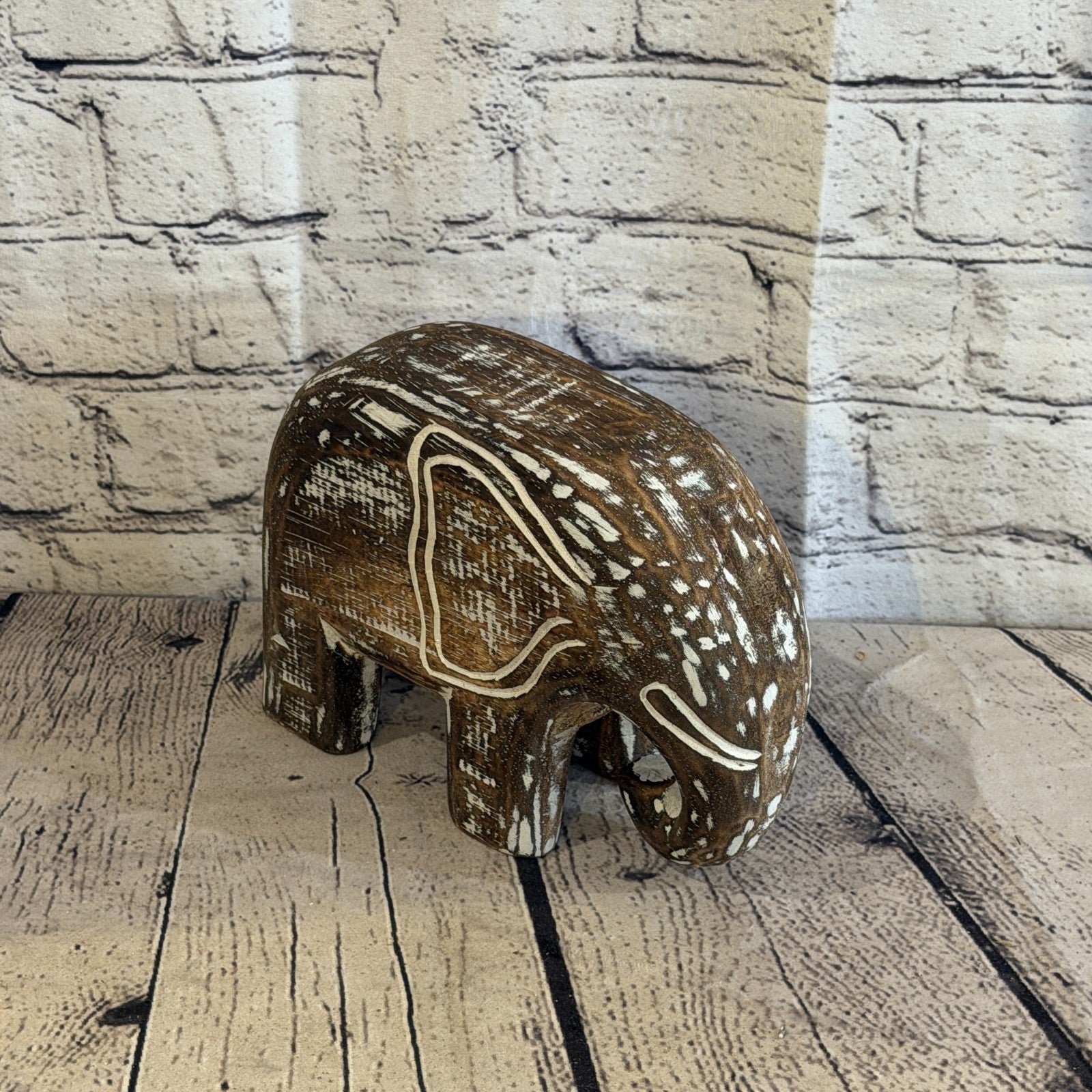 15cm x 20cm Brown Wood Wooden Standing Elephant Hand Carved Painted Statue2