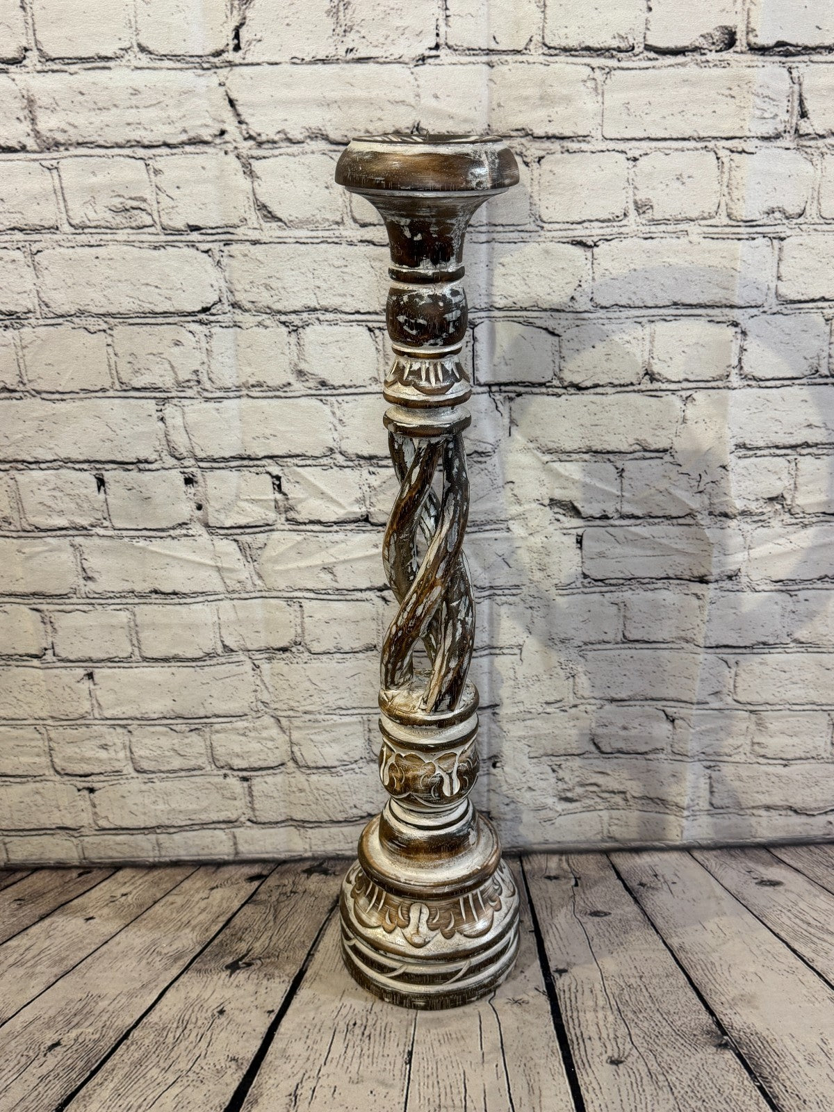 60cm x 15cm Brown Twist Wooden Vintage Style Candle Stand Shabby Pillar Holders2